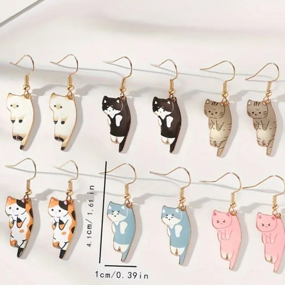 Nwt 6 Pairs of Cute Colorful Cat Design Dangle Earrings Cartoon Style - Picture 4 of 10